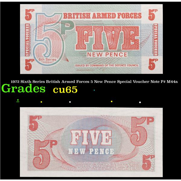 1972 Sixth Series British Armed Forces 5 New Pence Special Voucher Note P# M44a Grades Gem CU