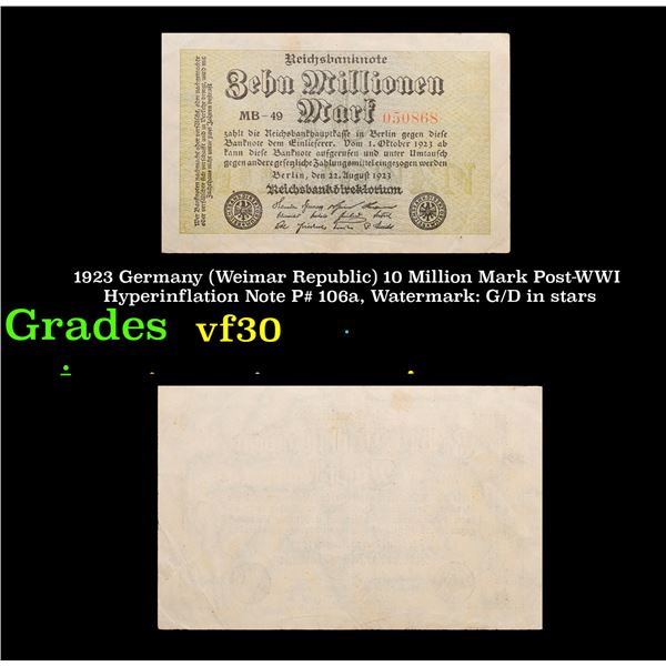 1923 Germany (Weimar Republic) 10 Million Mark Post-WWI Hyperinflation Note P# 106a, Watermark: G/D 