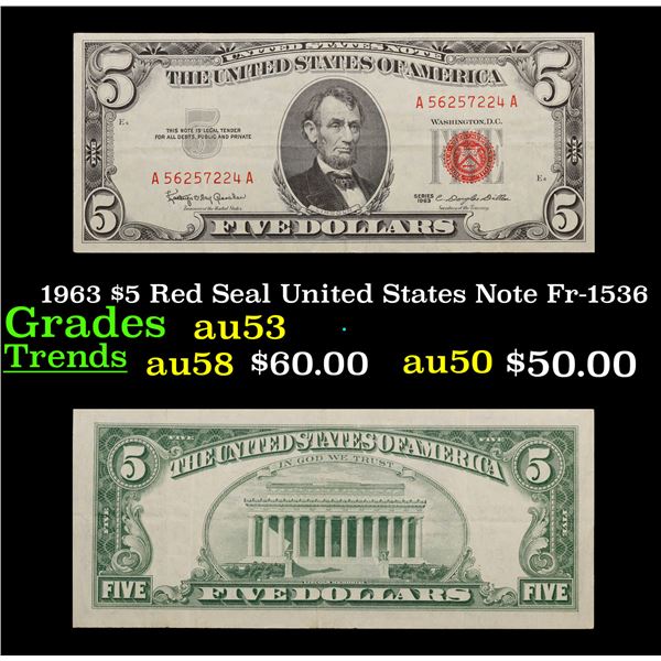 1963 $5 Red Seal United States Note Fr-1536 Grades Select AU