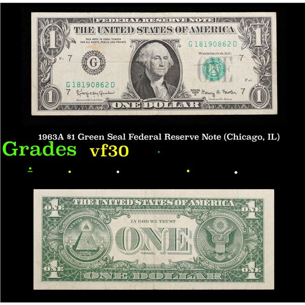 1963A $1 Green Seal Federal Reserve Note (Chicago, IL) Grades vf++