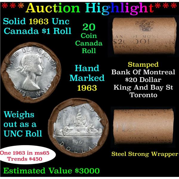 ***Auction Highlight*** Full Roll of Silver 1963 Canadian Dollar with Queen Elizabeth II, 20 Coins i