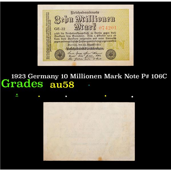 1923 Germany 10 Millionen Mark Note P# 106C Grades Choice AU/BU Slider