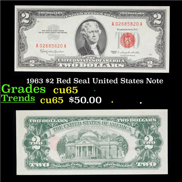 1963 $2 Red Seal United States Note Grades Gem CU