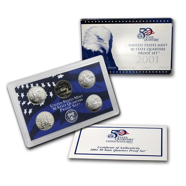 2001 United States Mint 50 State Quarters Proof Set, 5 Coins Inside