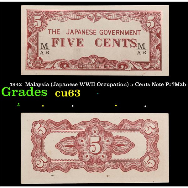 1942  Malaysia (Japanese WWII Occupation) 5 Cents Note P#?M2b Grades Select CU