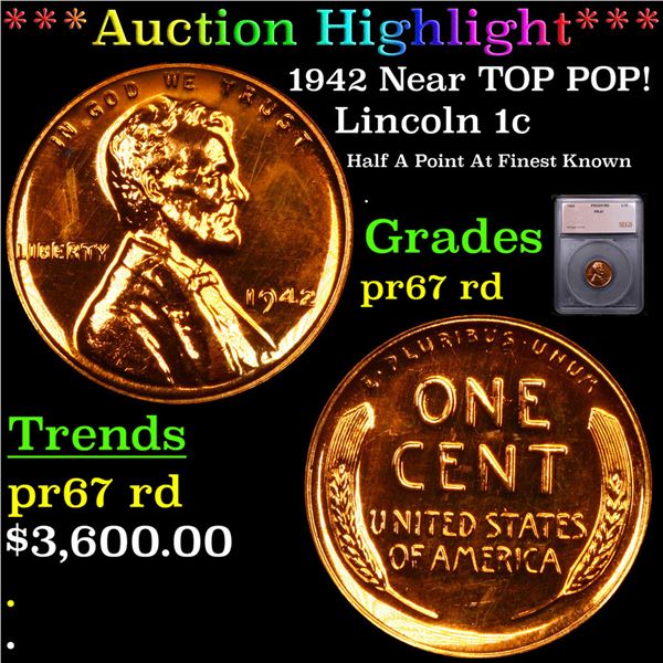 Proof ***Auction Highlight*** 1942 Lincoln Cent Near TOP POP! 1c Graded pr67 rd BY SEGS (fc)