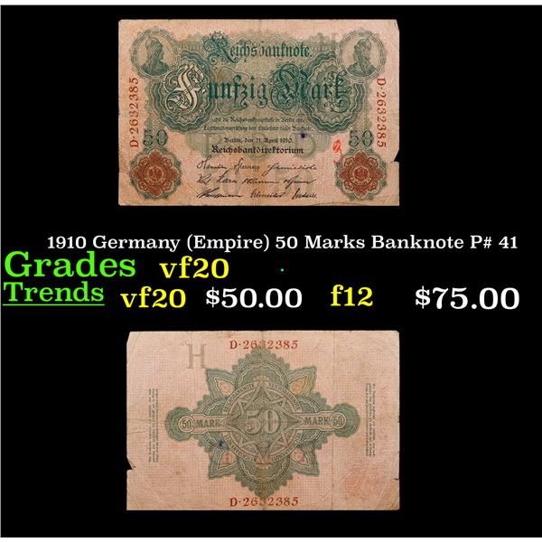 1910 Germany (Empire) 50 Marks Banknote P# 41 Grades vf, very fine
