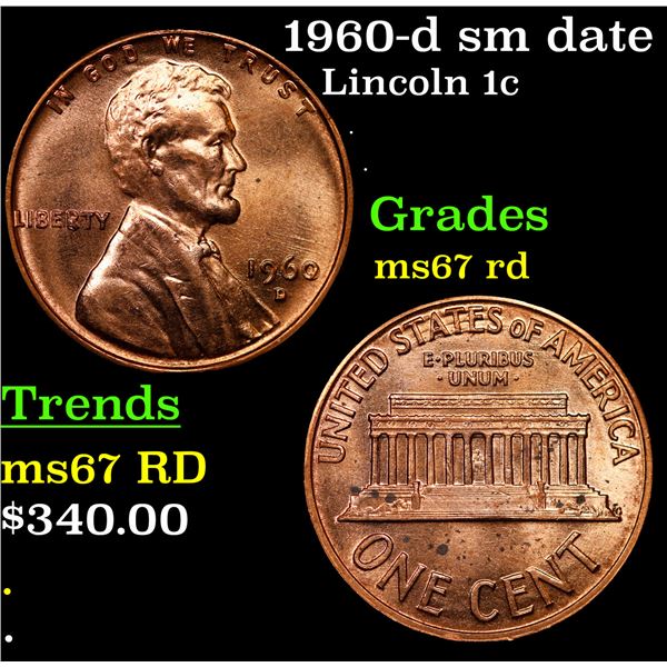 1960-d sm date Lincoln Cent 1c Grades GEM++ Unc RD
