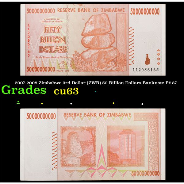 2007-2008 Zimbabwe 3rd Dollar (ZWR) 50 Billion Dollars Banknote P# 87 Grades Select CU