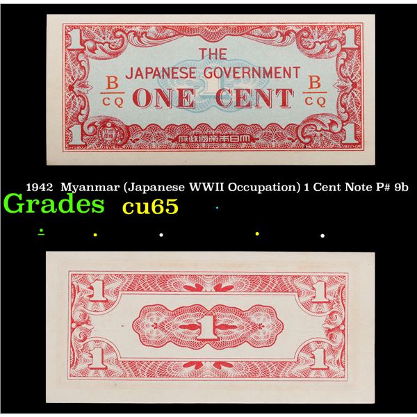 1942  Myanmar (Japanese WWII Occupation) 1 Cent Note P# 9b Grades Gem CU