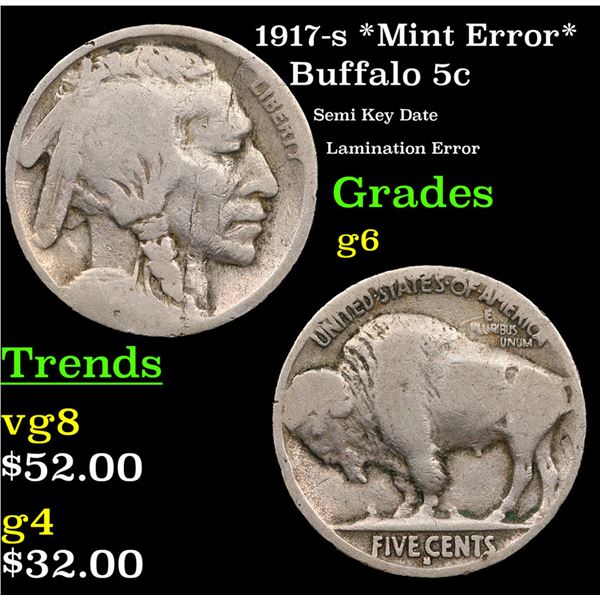 1917-s Buffalo Nickel *Mint Error* 5c Grades g+