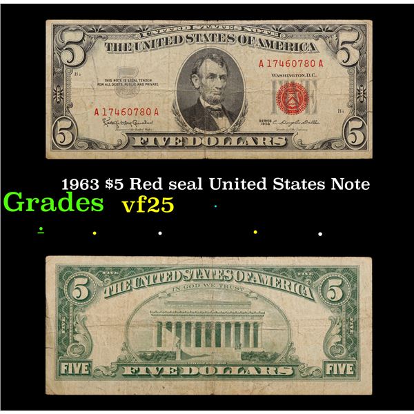 1963 $5 Red seal United States Note Grades vf+