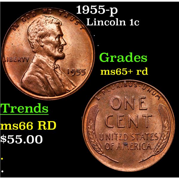 1955-p Lincoln Cent 1c Grades Gem+ Unc RD