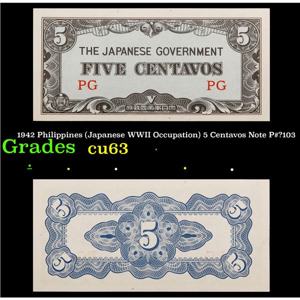 1942 Philippines (Japanese WWII Occupation) 5 Centavos Note P#?103 Grades Select CU