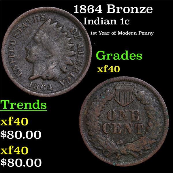 1864 Bronze Indian Cent 1c Grades xf