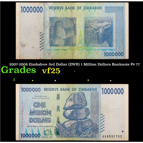 2007-2008 Zimbabwe 3rd Dollar (ZWR) 1 Million Dollars Banknote P# 77 Grades vf+