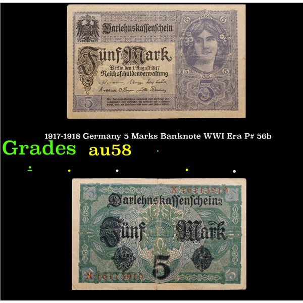 1917-1918 Germany 5 Marks Banknote WWI Era P# 56b Grades Choice AU/BU Slider