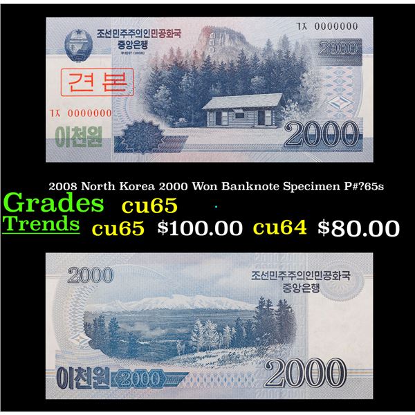 2008 North Korea 2000 Won Banknote Specimen P#?65s Grades Gem CU