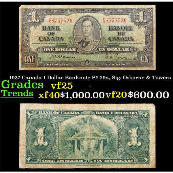 1937 Canada 1 Dollar Banknote P# 59a, Sig. Osborne & Towers Grades vf+