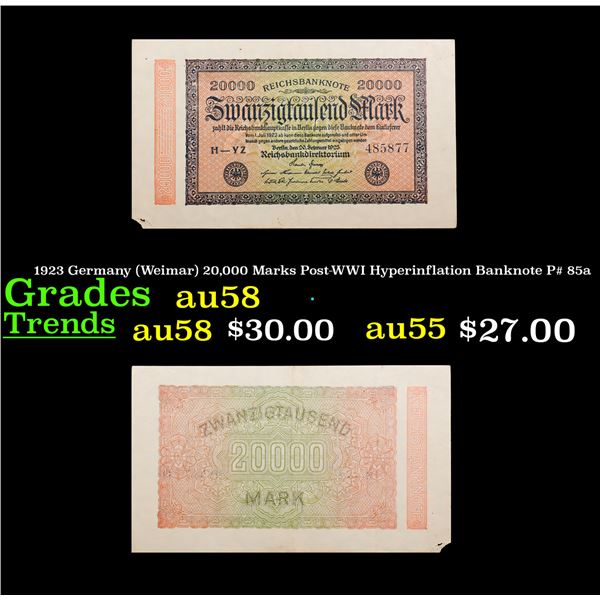 1923 Germany (Weimar) 20,000 Marks Post-WWI Hyperinflation Banknote P# 85a Grades Choice AU/BU Slide