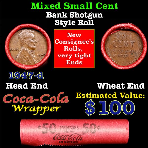 Mixed small cents 1c orig shotgun roll, 1947-d Lincoln Cent, Wheat Cent other end, Coca Cola Brandt 