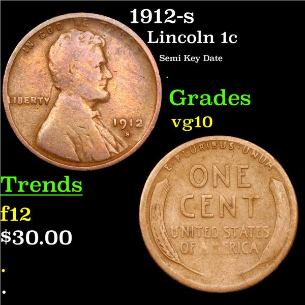 1912-s Lincoln Cent 1c Grades vg+
