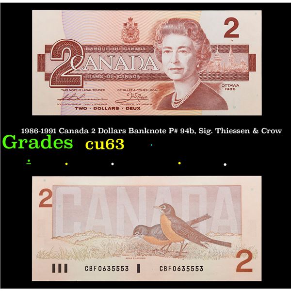 1986-1991 Canada 2 Dollars Banknote P# 94b, Sig. Thiessen & Crow Grades Select CU
