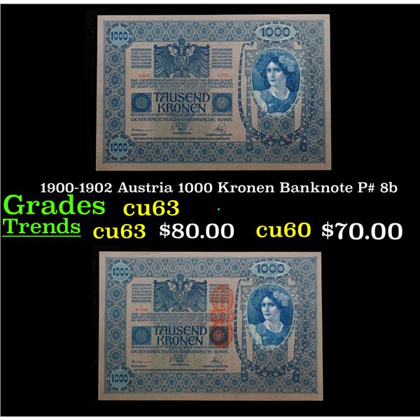 1900-1902 Austria 1000 Kronen Banknote P# 8b Grades Select CU