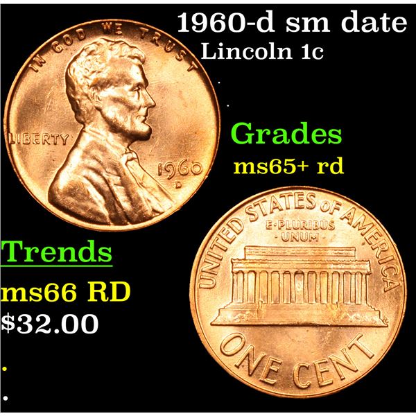 1960-d sm date Lincoln Cent 1c Grades Gem+ Unc RD