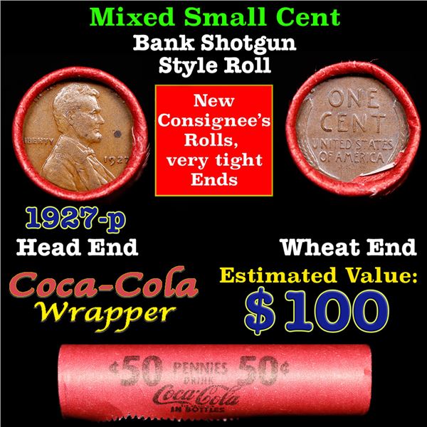 Mixed small cents 1c orig shotgun roll, 1927-p Lincoln Cent, Wheat Cent other end, Coca Cola Brandt 