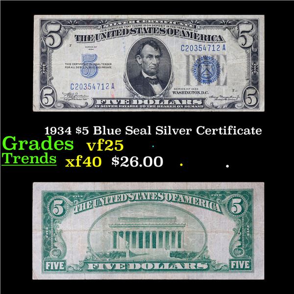 1934 $5 Blue Seal Silver Certificate Grades vf+