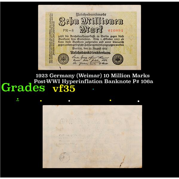 1923 Germany (Weimar) 10 Million Marks Post-WWI Hyperinflation Banknote P# 106a Grades vf++