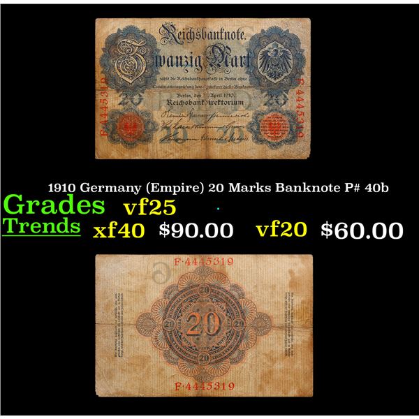 1910 Germany (Empire) 20 Marks Banknote P# 40b Grades vf+