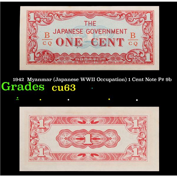 1942  Myanmar (Japanese WWII Occupation) 1 Cent Note P# 9b Grades Select CU