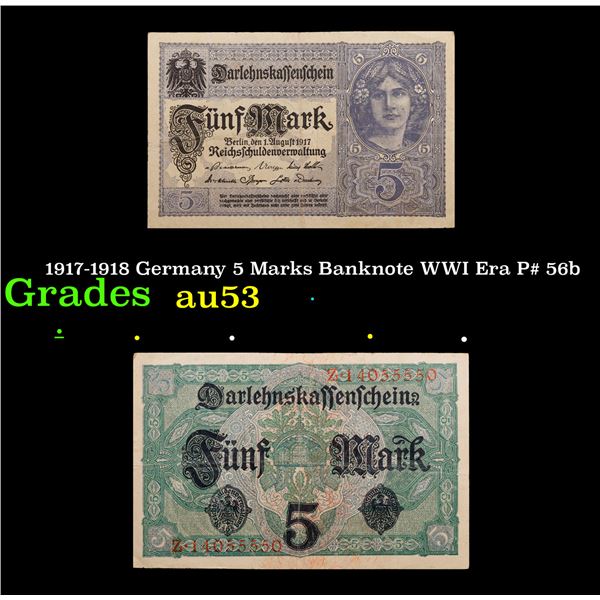 1917-1918 Germany 5 Marks Banknote WWI Era P# 56b Grades Select AU
