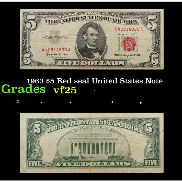 1963 $5 Red seal United States Note Grades vf+