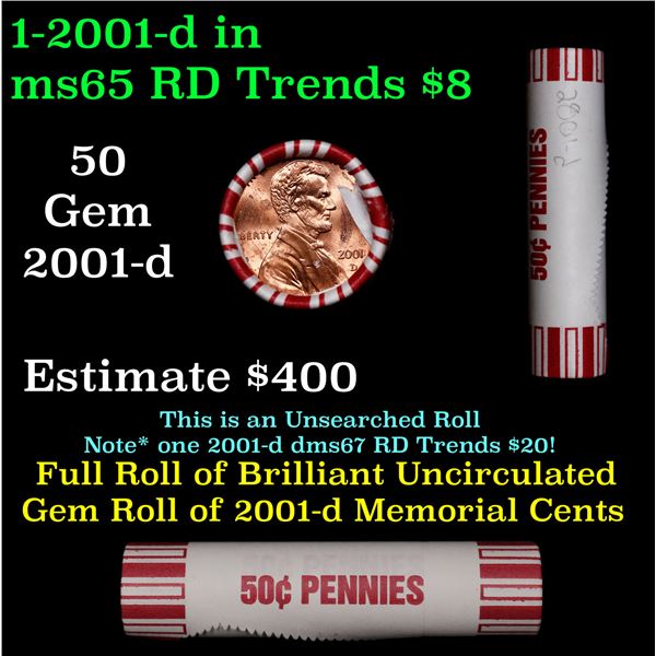 Shotgun Lincoln 1c roll, 2001-d 50 pcs Brandt 50c Wrapper.