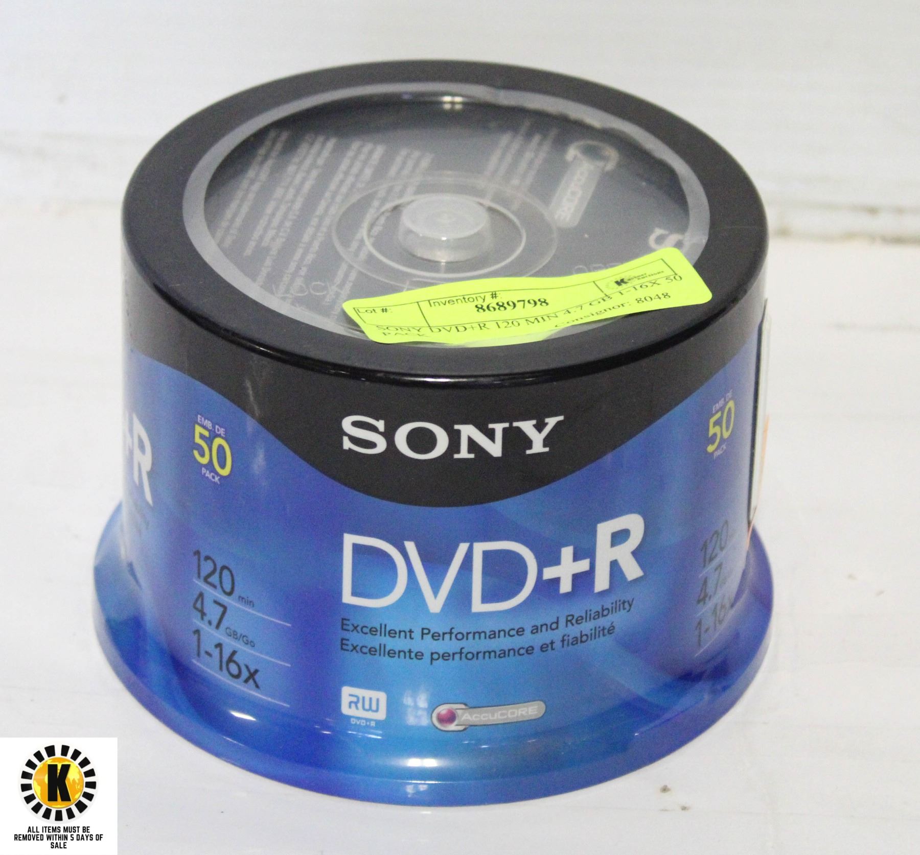 SONY DVD+R 120 MIN 4.7 GB 1-16X 50 PACK