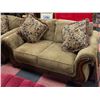 Image 1 : BROWN FABRIC AND WOOD LOVESEAT WITH CUSHIONS