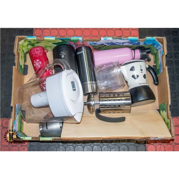 BOX OF COFFEE, CHEESEBOARD AND WATER