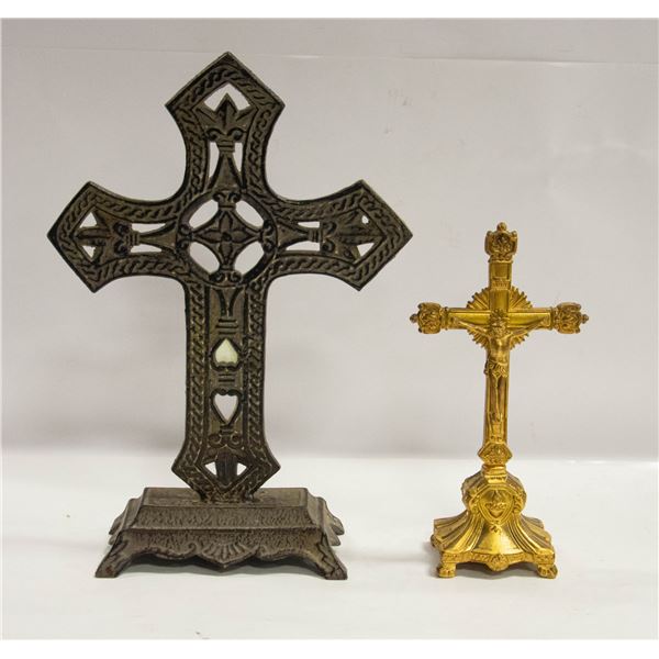PAIR OF CRUCIFIXES. ONE GOLD COLORED