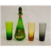 Image 1 : 3 TALL COLOURED GLASSES, GREEN GLASS DECANTER
