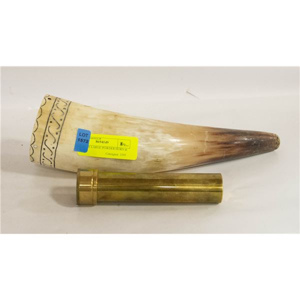 ANTIQUE LARGE POWDER HORN & BRASS
