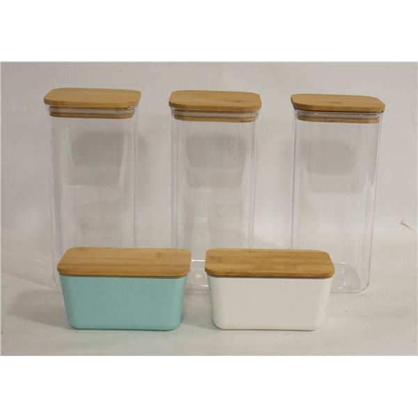 5 BRAND NEW BAMBOO LIDDED FOOD STORAGE CONTAINERS