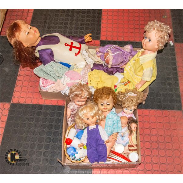 2 BOXES VINTAGE DOLLS & CLOTHES & ACCESSORIES