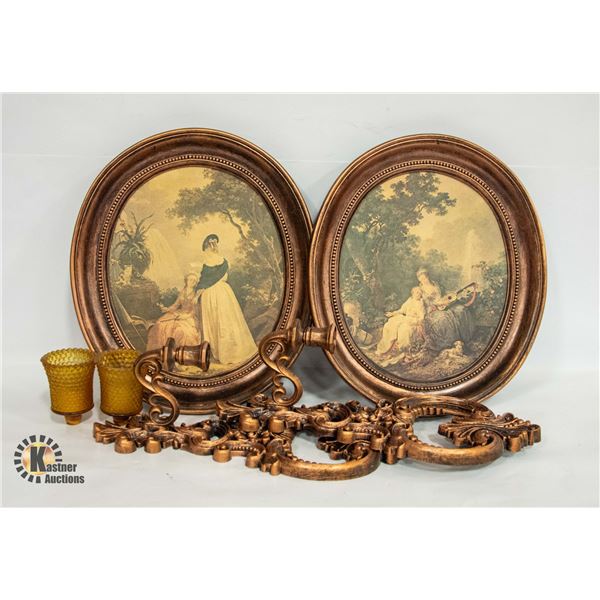 2 PICTURES 15"X13" & 2 WALL CANDLE SCONCES 15"
