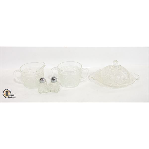 SALT/PEPPER/SUGAR/CREAMER & BUTTER DISH W/LID