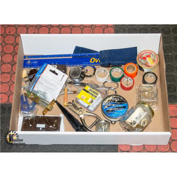 BOX OF TOOLS COLERED ELECTRICAL TAPE HEAD