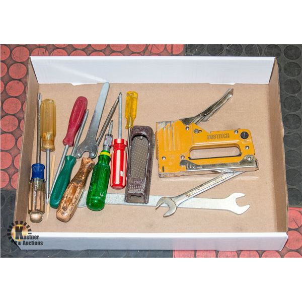 BOX OF TOOLS BOSTICH STAPLE GUN,SCREW DRIVERS,