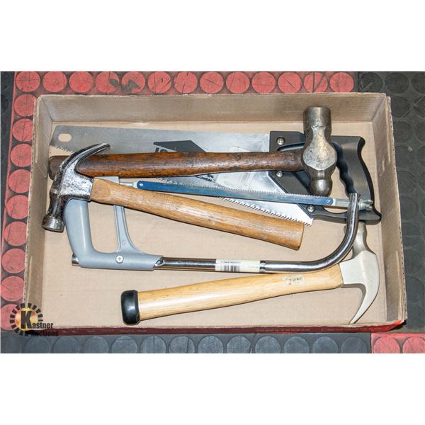 FLAT OF HAND TOOLS: BALLPOINT HAMMER, 2 HANDSAWS,